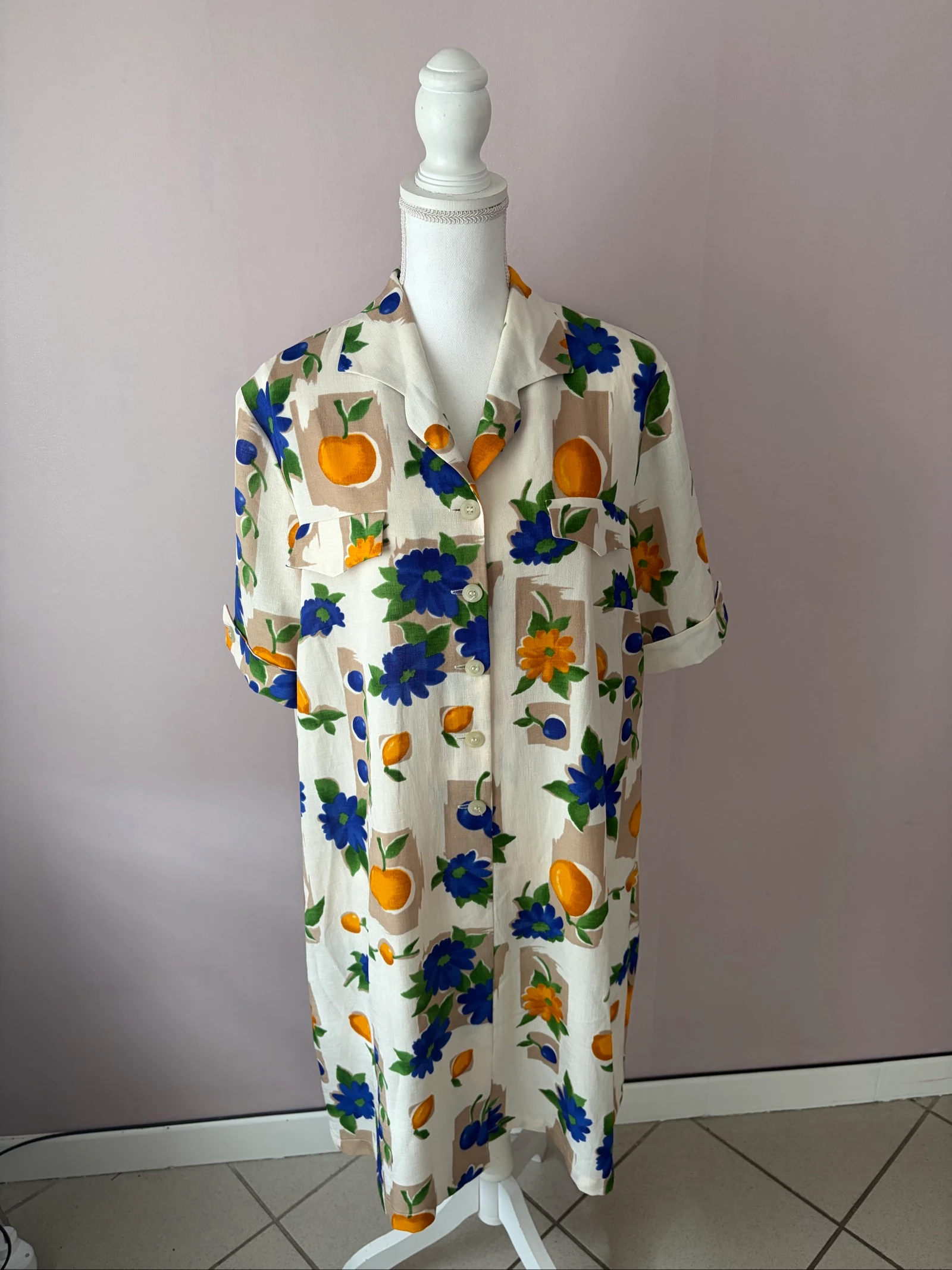 Robe chemise vintage Jean Biolay à motifs fruits & fleurs - T50 (Très bon état)
